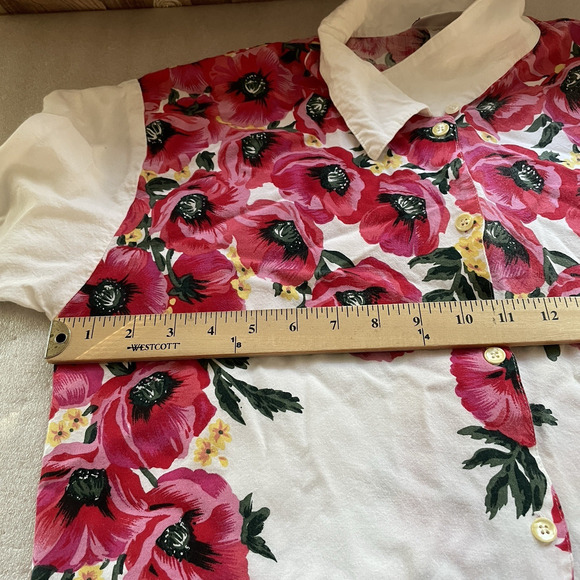 Vintage 90s Adrian Jordan Shirt Women 14 White Floral Poppies Button Up Blouse - Picture 7 of 10